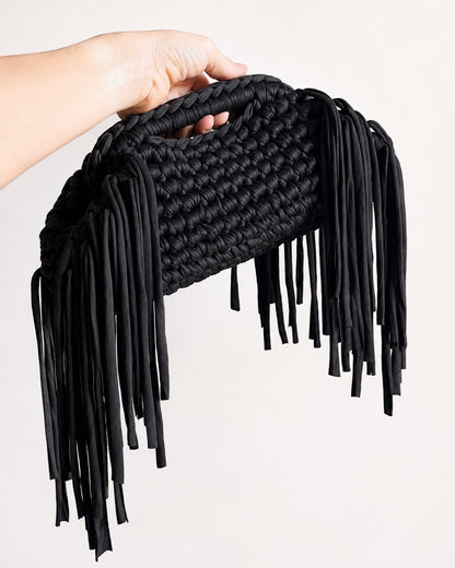 Black handmade fringe crochet clutch bag with metal frame made in Australia