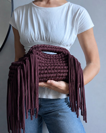 Dark brown handmade fringe crochet clutch bag by Chezsue Studio
