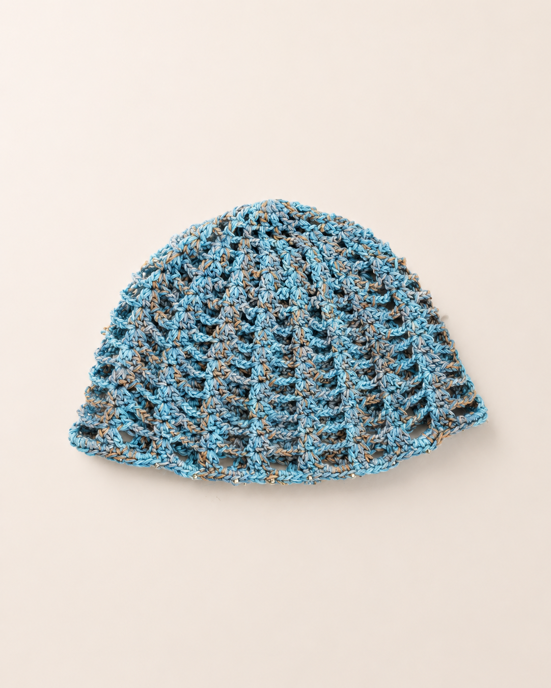 The Capri Hat in olive green, handmade crochet mesh hat crafted from metallic blend yarn, lightweight summer accessory.