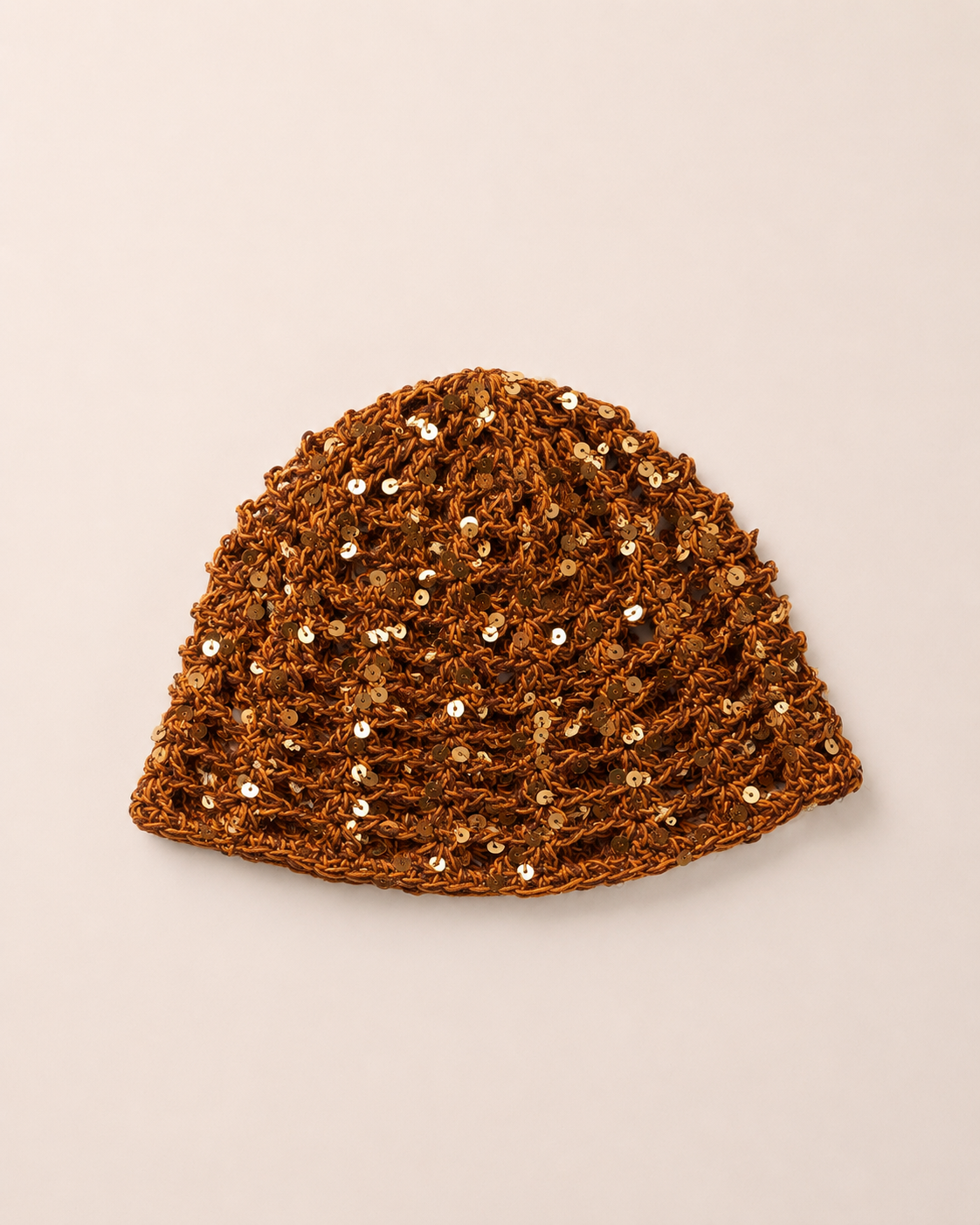 The Capri Hat in olive green, handmade crochet mesh hat crafted from metallic blend yarn, lightweight summer accessory.