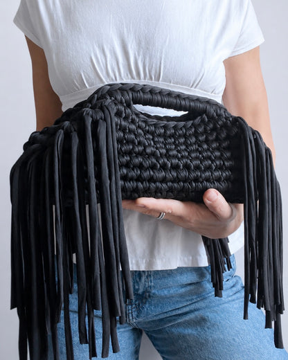 Statement handmade fringe clutch bag styled by hand