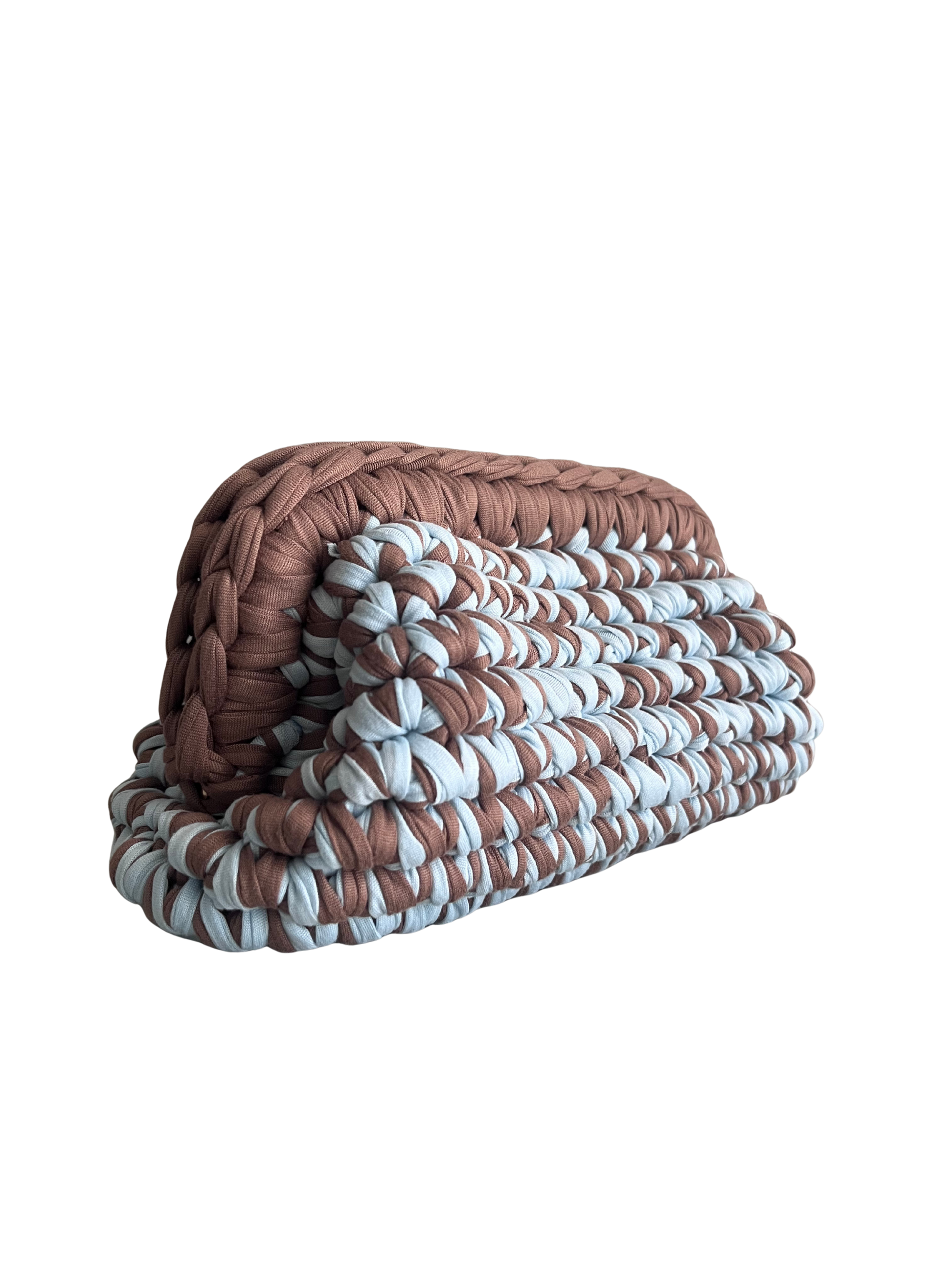 Handmade crochet clutch bag in camel and light blue t-shirt yarn