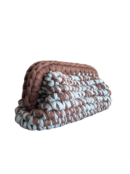 Handmade crochet clutch bag in camel and light blue t-shirt yarn