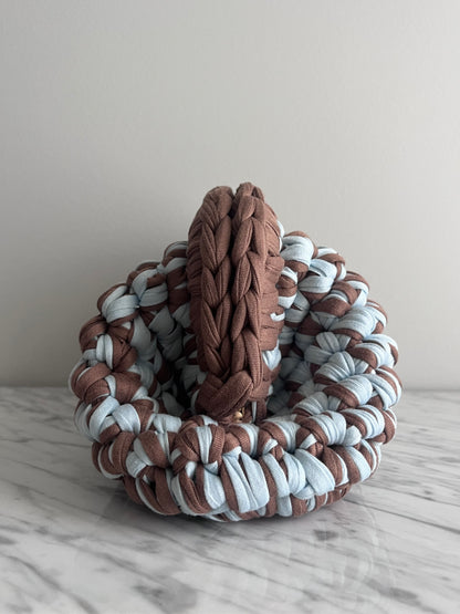 Handmade crochet clutch bag in camel and light blue t-shirt yarn