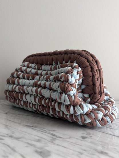 Handmade crochet clutch bag in camel and light blue t-shirt yarn